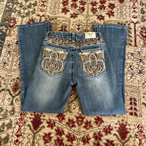 Western Blue Denim Jeans with Gold and Tan Embroidery